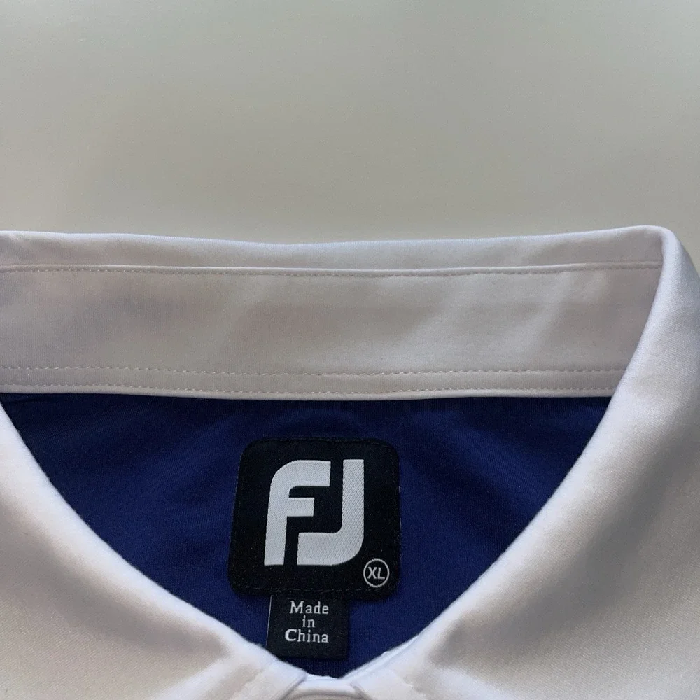 Foot Joy FJ Golf Polo Shirt Mens XL White Blue Green Stretch‎ W/Black Hawk Logo